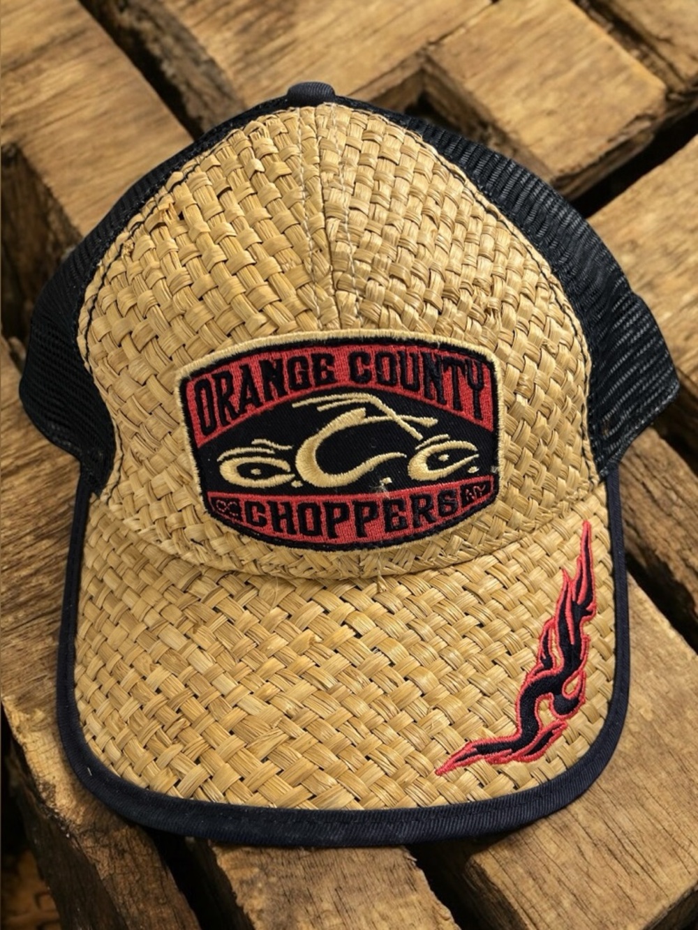 Orange County Choppers Straw Trucker Hat - Tan & Black with Red Flame Patch O/S